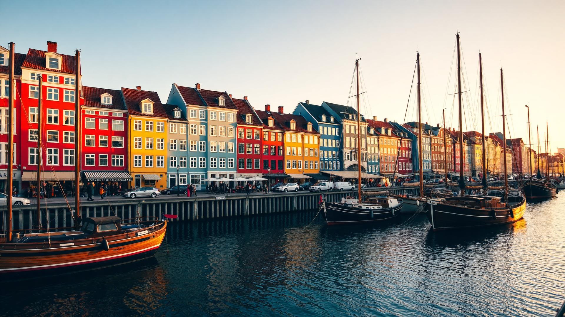 Bunte Häuser und Holzboote am Nyhavn in Kopenhagen